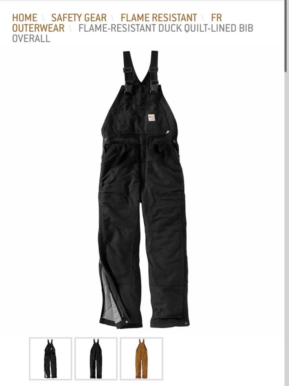 Carhartt Black Quilted Flame-Resistant Duck Bib Overalls